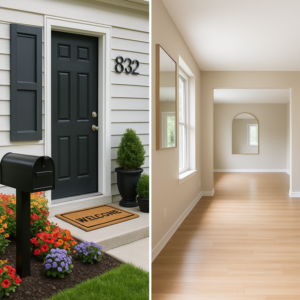 A Split image of the exterior and interior of a home