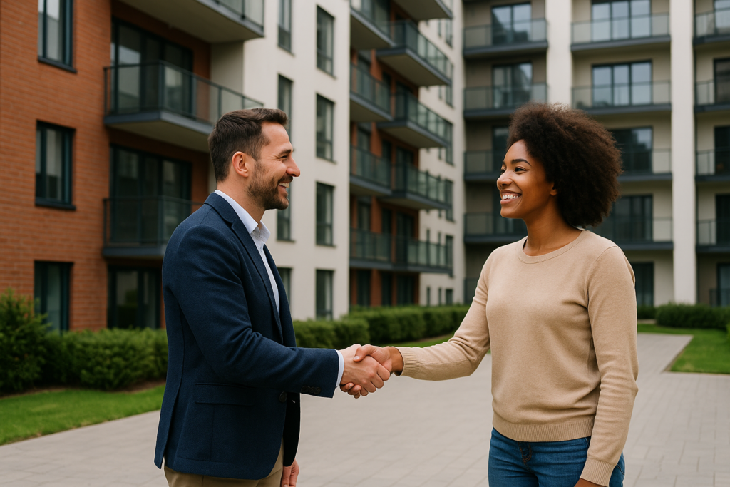 A landlord and tenant shaking hands in front of an apartment complex depicting a good client relationship.