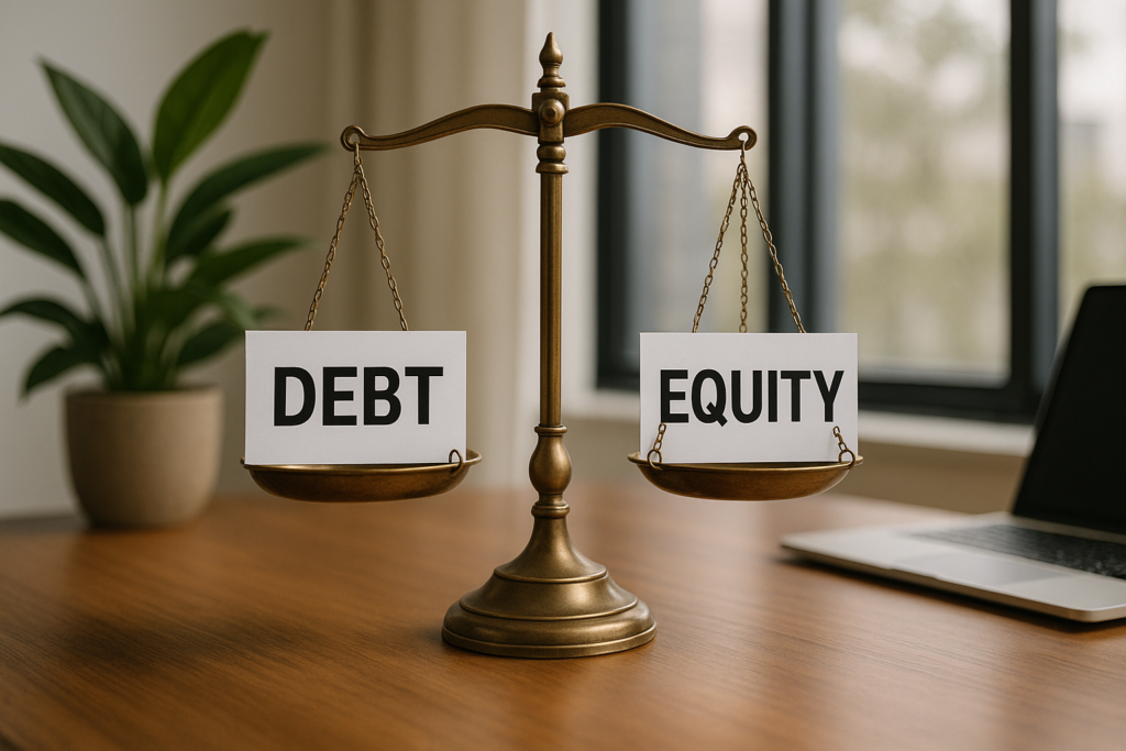 An image if scales portraying debt vs equity and weighing the options