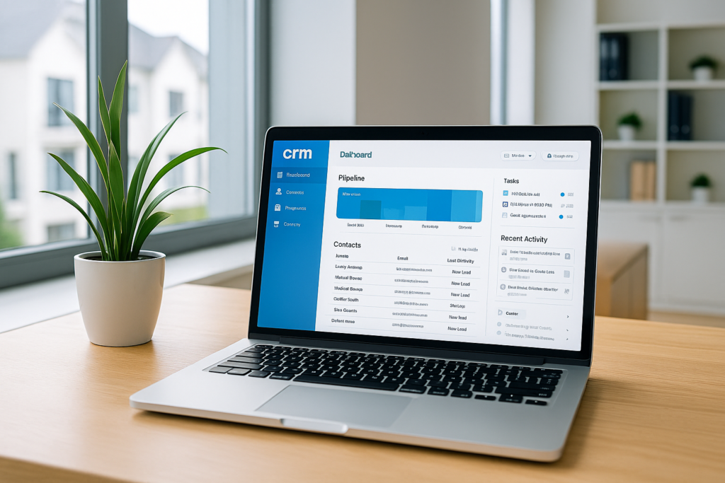 A laptop in a brightly lit office showcasing  real estate CRM software