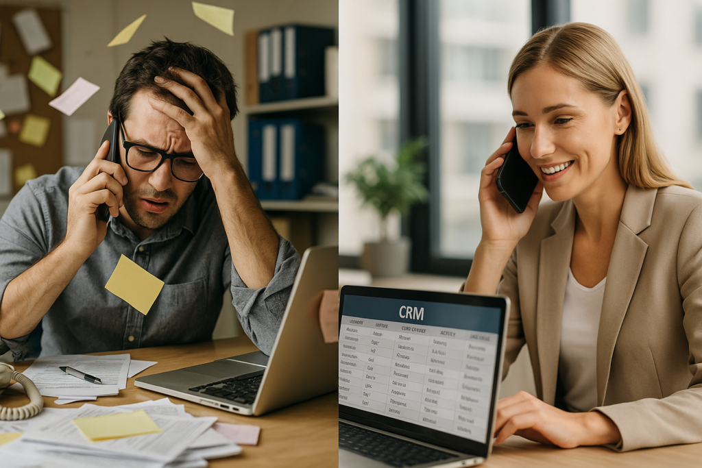 An image showing a split image that having a real estate CRM software is essential . On left side chais without a CRM, and on the right, Clarity and organization with a CRM.