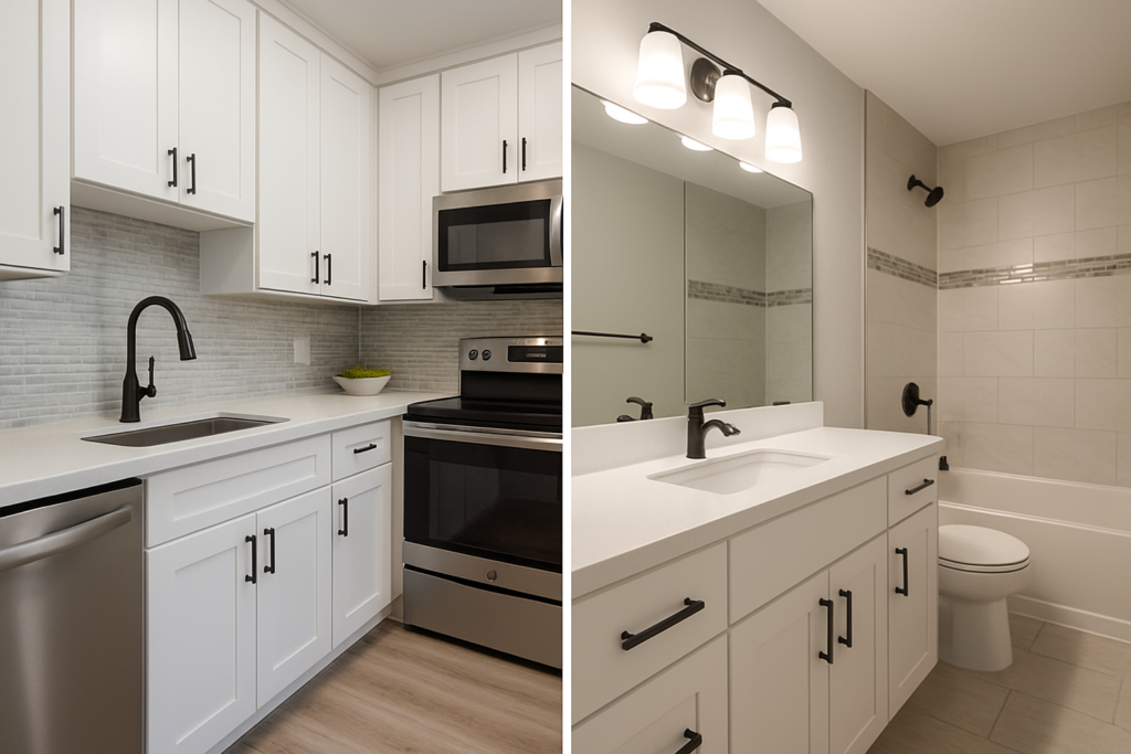 A split image of a kitchen on e left and bathroom on the right showcasing improvements for home staging