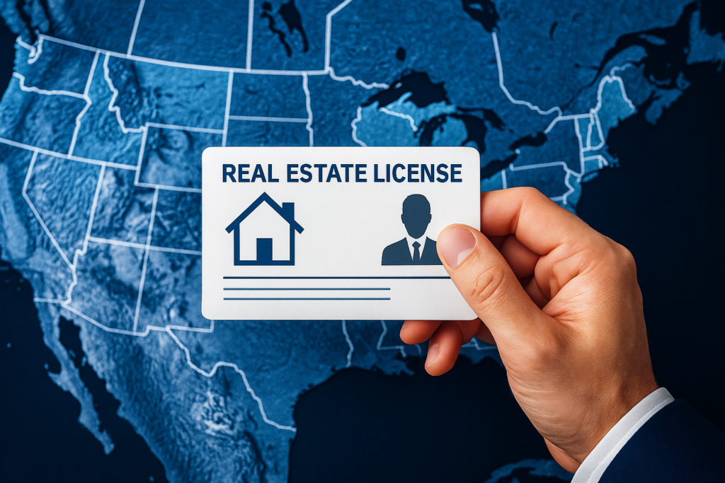 An image of a real estate aganet holding up a real estate license in front of a map of the U.S. Depicting having a real estate license in multiple states.