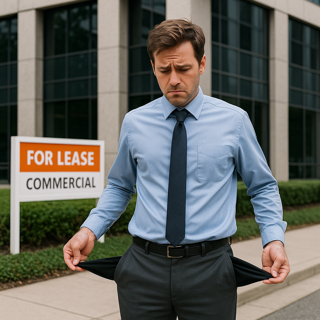 an image of a man with empty pockets in front of a commercial building for lease.  How to get into real estate with no money.