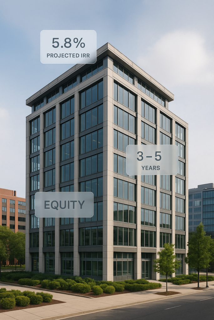 Image of a building showing projected IRR, Term and equity.