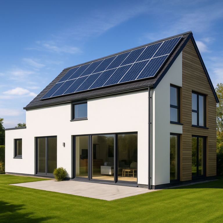 Image of an eco friendly home with solar panels and smart home automation devices as one of the 5 Real Estate Market Trends.