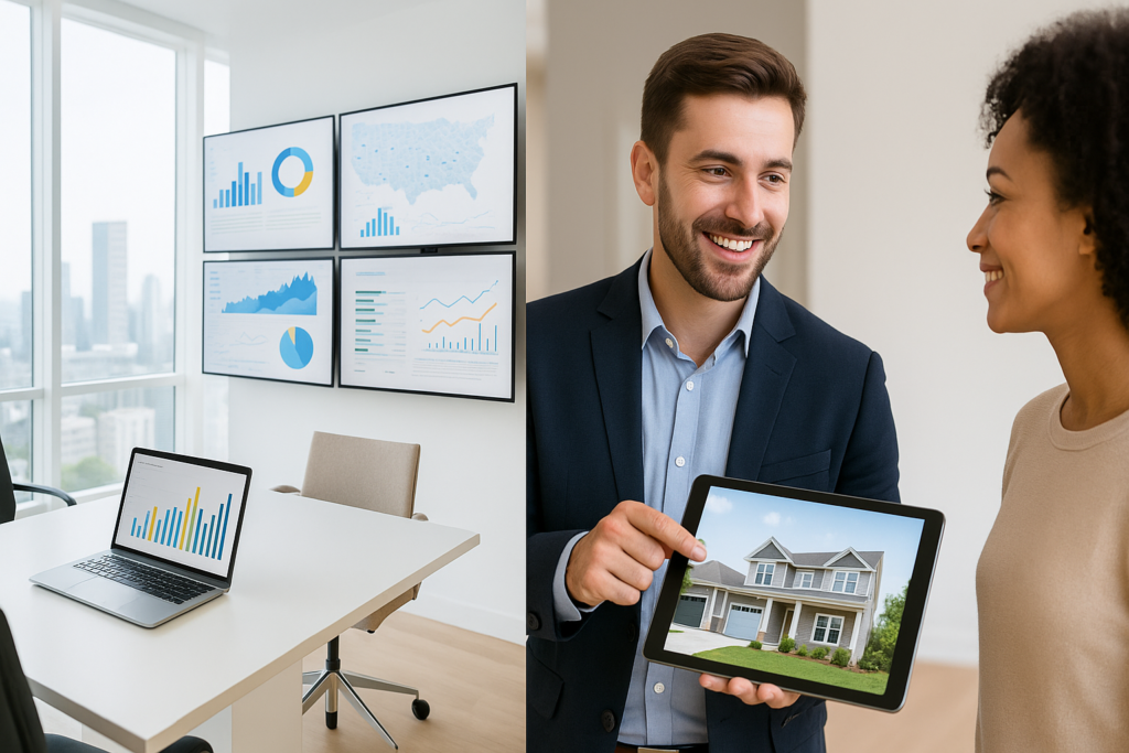 A Split image of modern real estate technologies on one side and a real estate agent showing a house on a tablet to a client on the other.