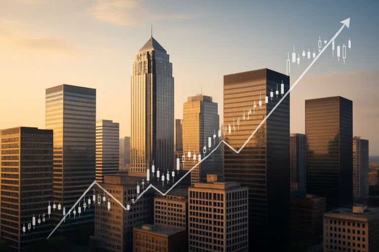 Image of an upwards chart over buildings in a city portraying commercial real estate financing