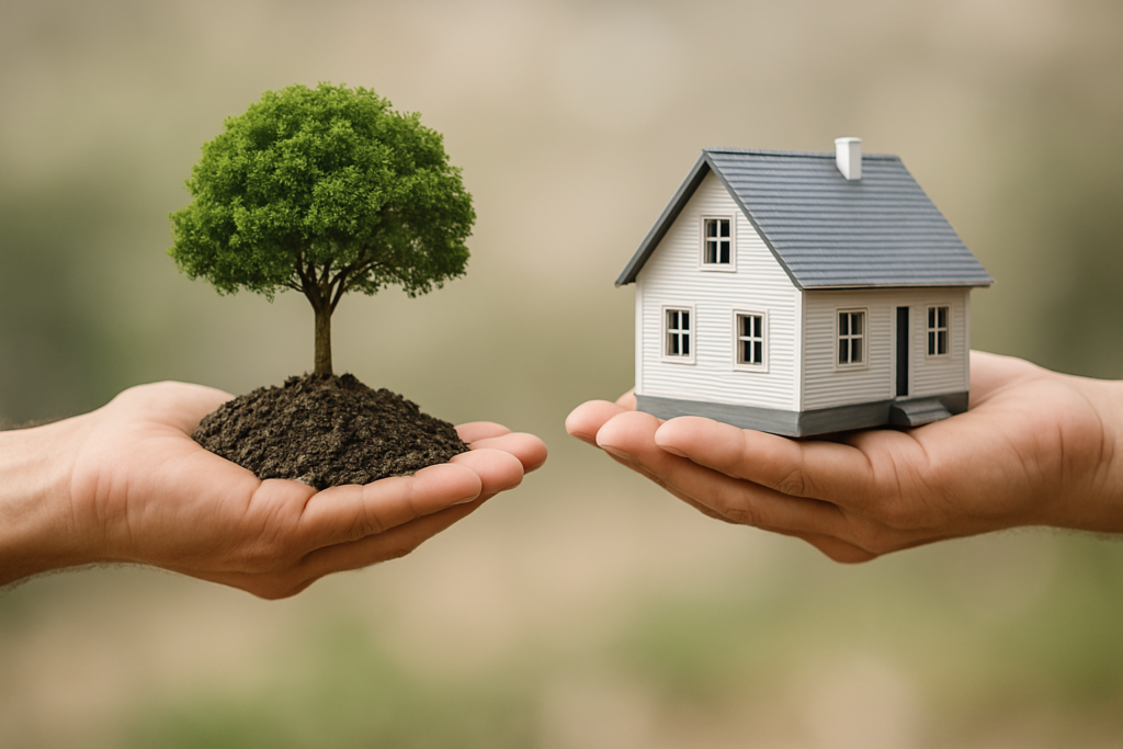 an image depicting a tree in a hand on one side depicting land, and a home in a hand on the other side depicting houses in real estate.