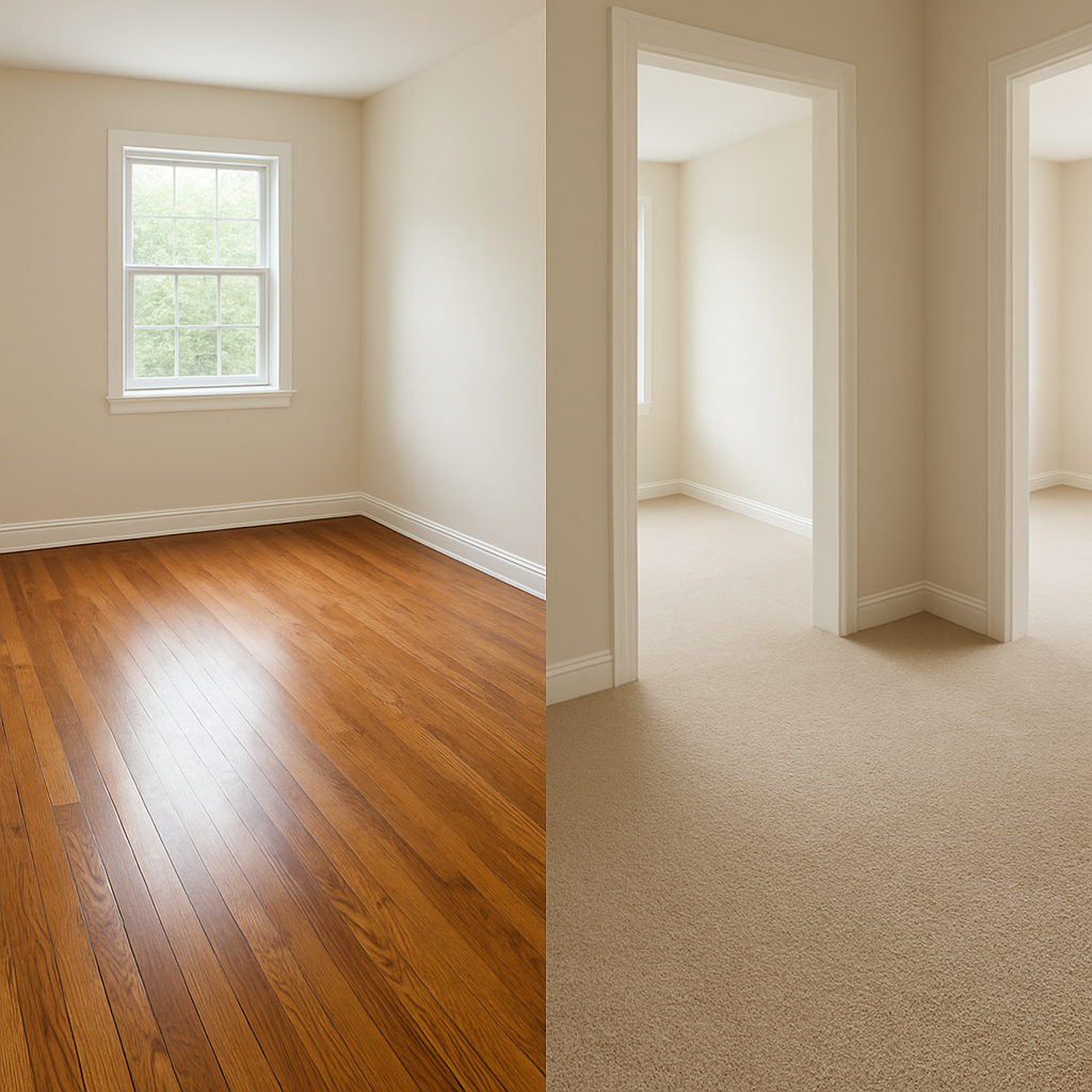 A Split image of different flooring models. A Hardwood floor on the left and carpet on the right for home improvement staging.