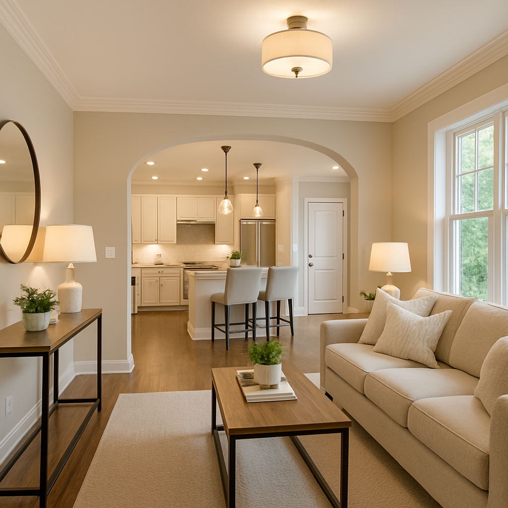 An image of a beautiful living room with gorgeous lighting accents for home staging effects.