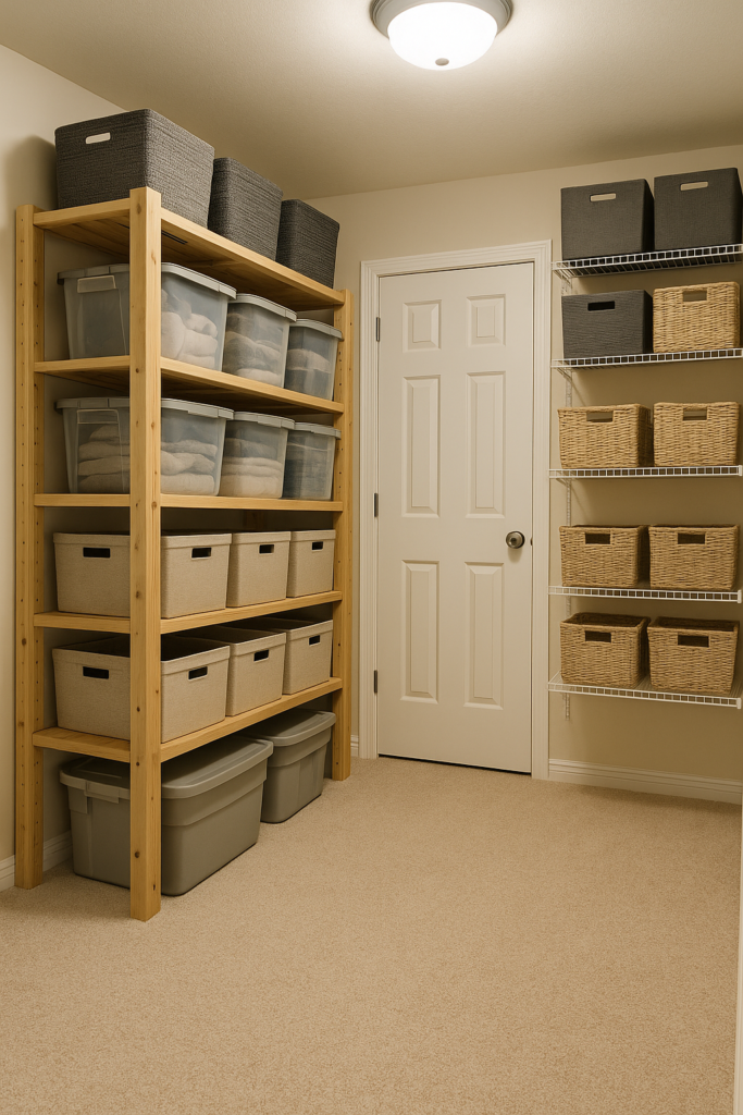 An image of a room with shelves and storage bins depicting storage space in a home.