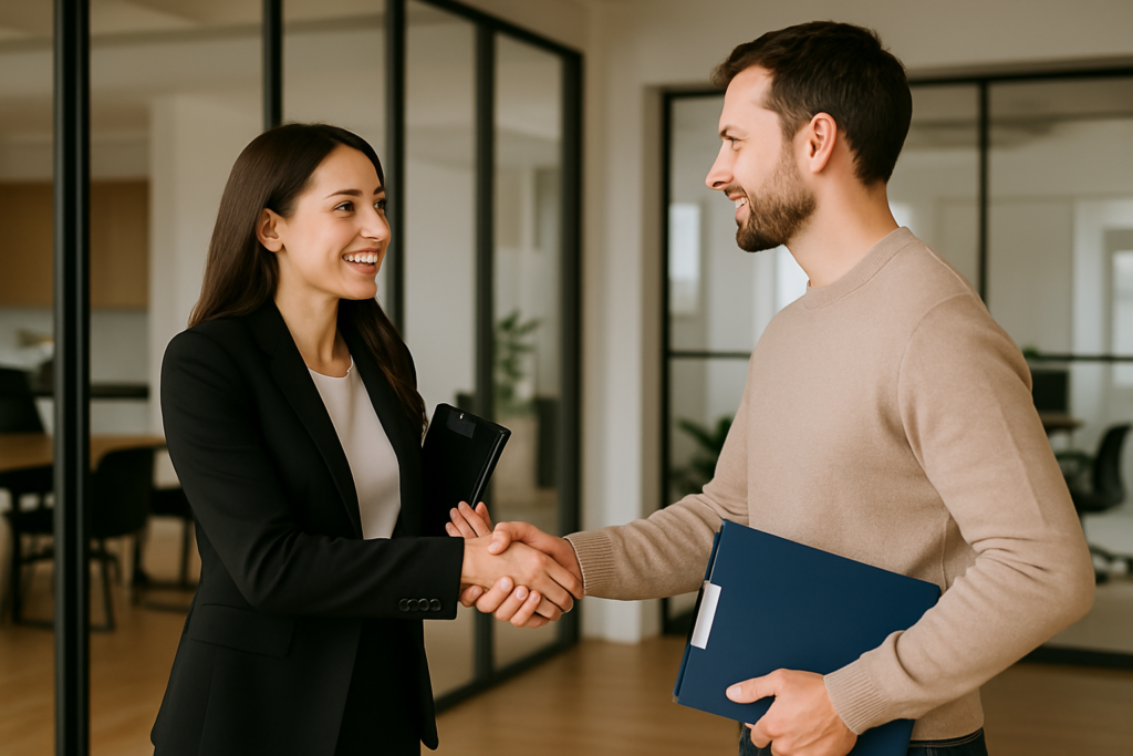 image of a real estate agent shaking hands with a prospective client portraying relationship building in real estate.