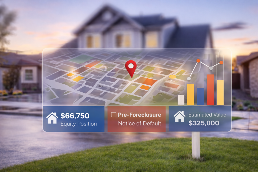 An image of a blurred pre foreclosure home with data points in front of it portraying what the tool / software does.