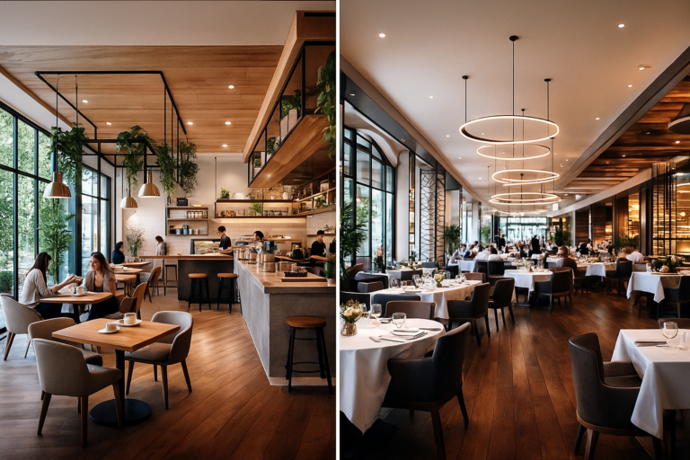 A split image of a cafe and a restaurant for a cafe business plan.